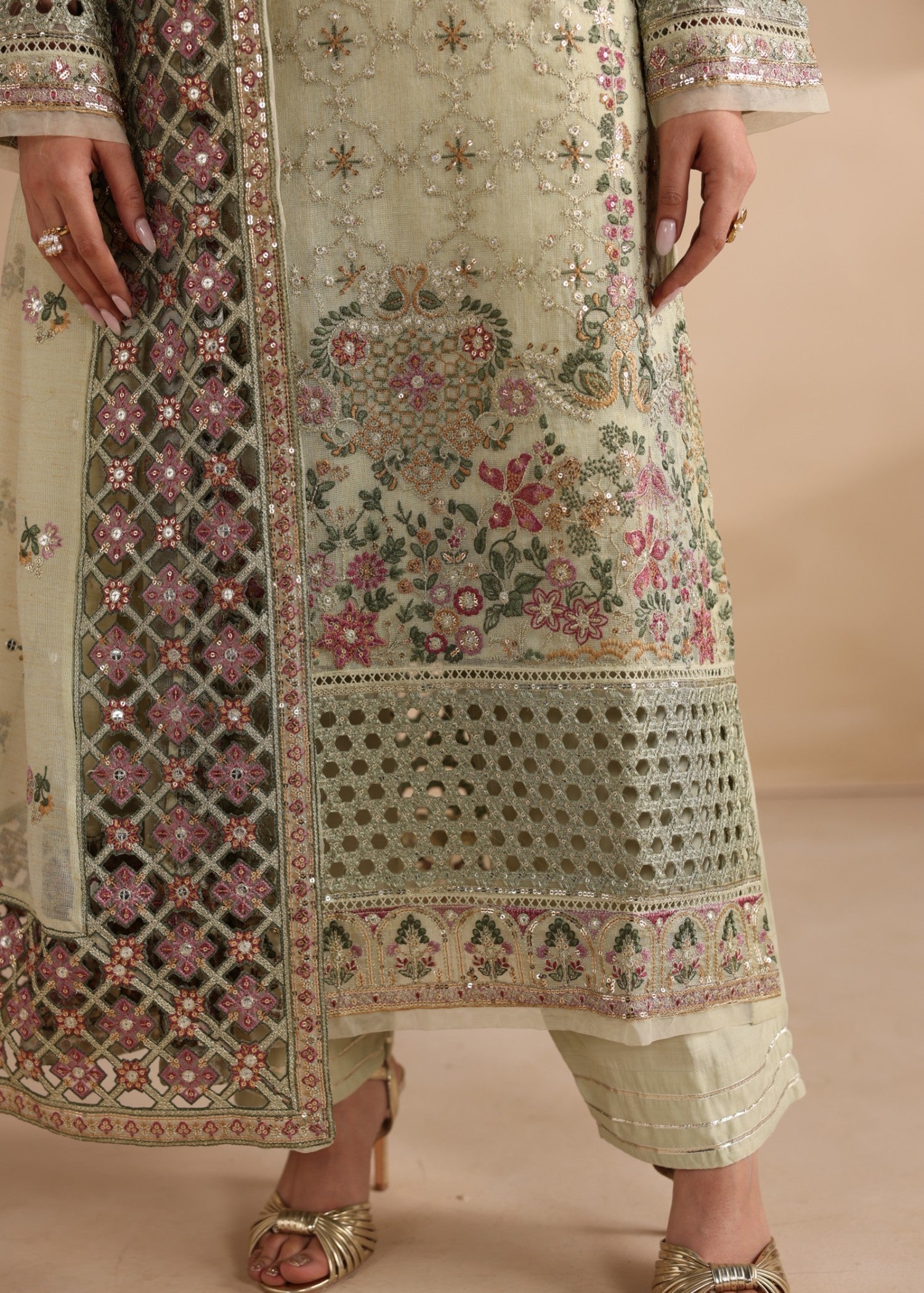 Ladies Pistachio Green Embroidered Festive Suit Online in UK USA Canada