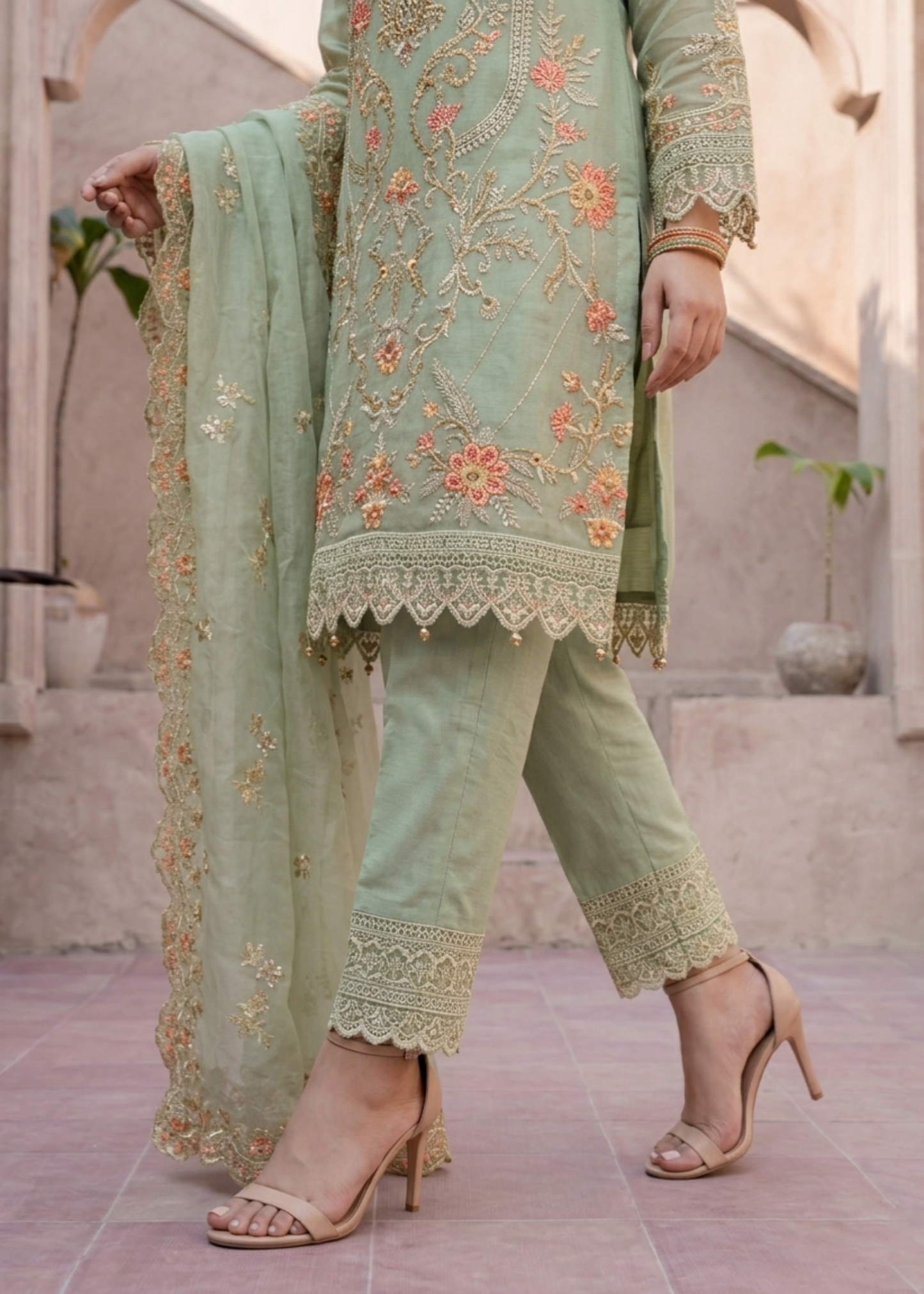 Ladies Pistachio Green Embroidered Organza Suit Online in UK USA Canada