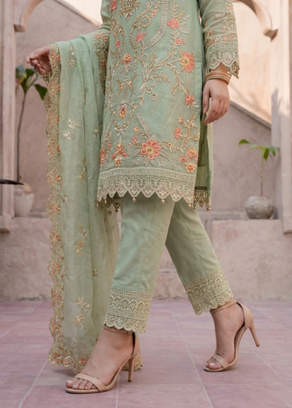 Ladies Pistachio Green Embroidered Organza Suit Online in UK USA Canada
