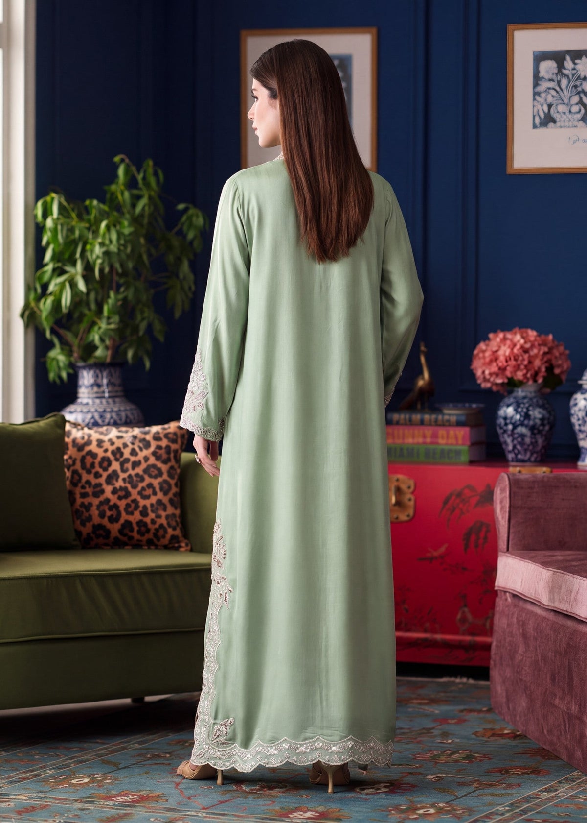 Ladies Pistachio Green Linen Kaftan Online in KSA Riyadh Saudi Arabia Oman Bahrain Qatar