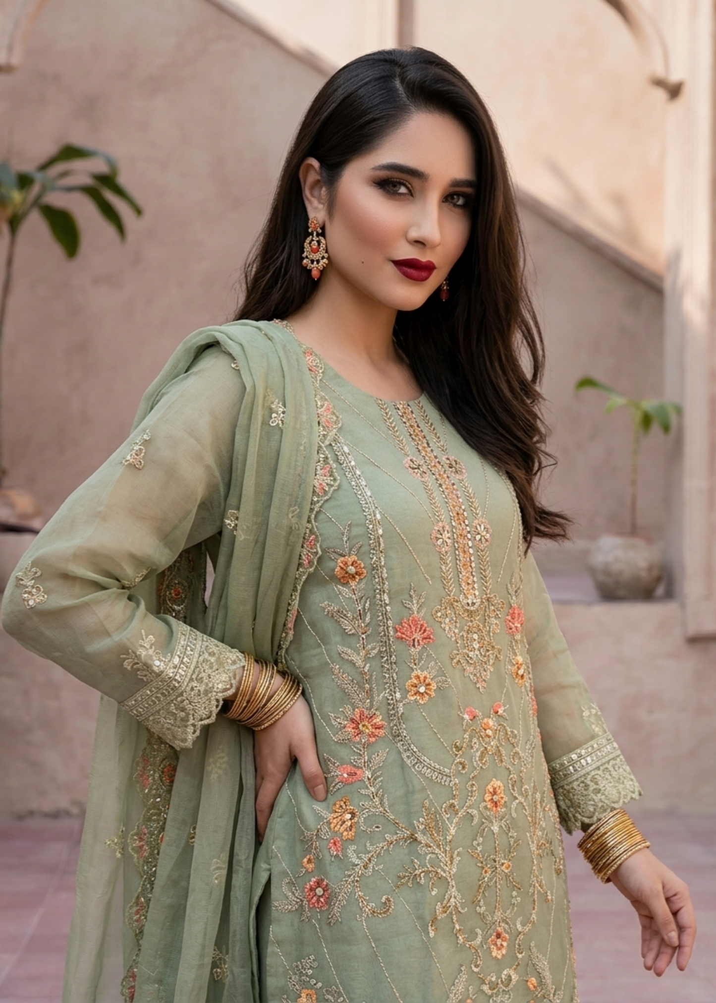 Ladies Pistachio Green Organza Embroidered Salwar Suit Online in UK USA Canada