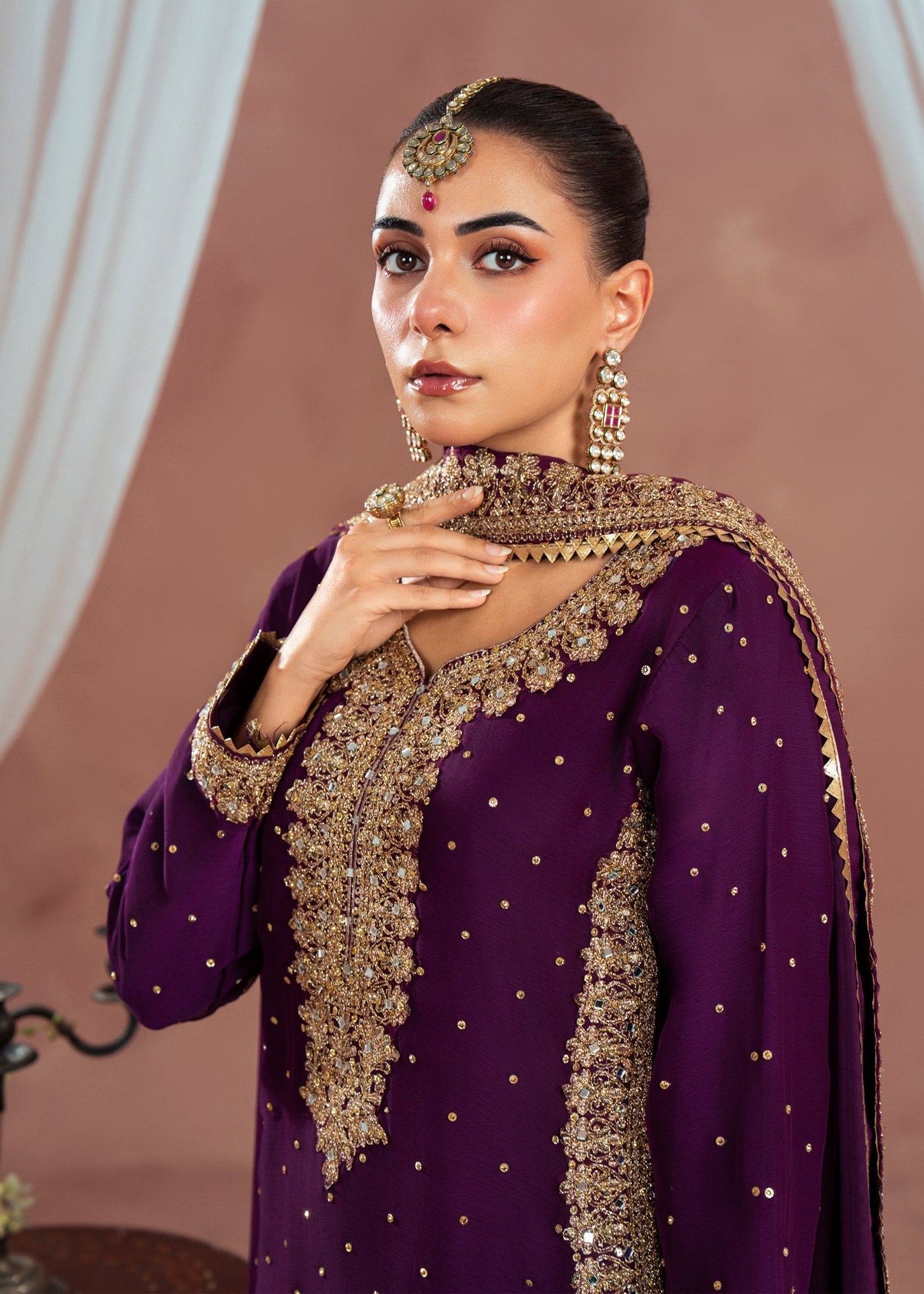 Ladies Plum Chiffon Partywear Suit Online in UK USA Canada