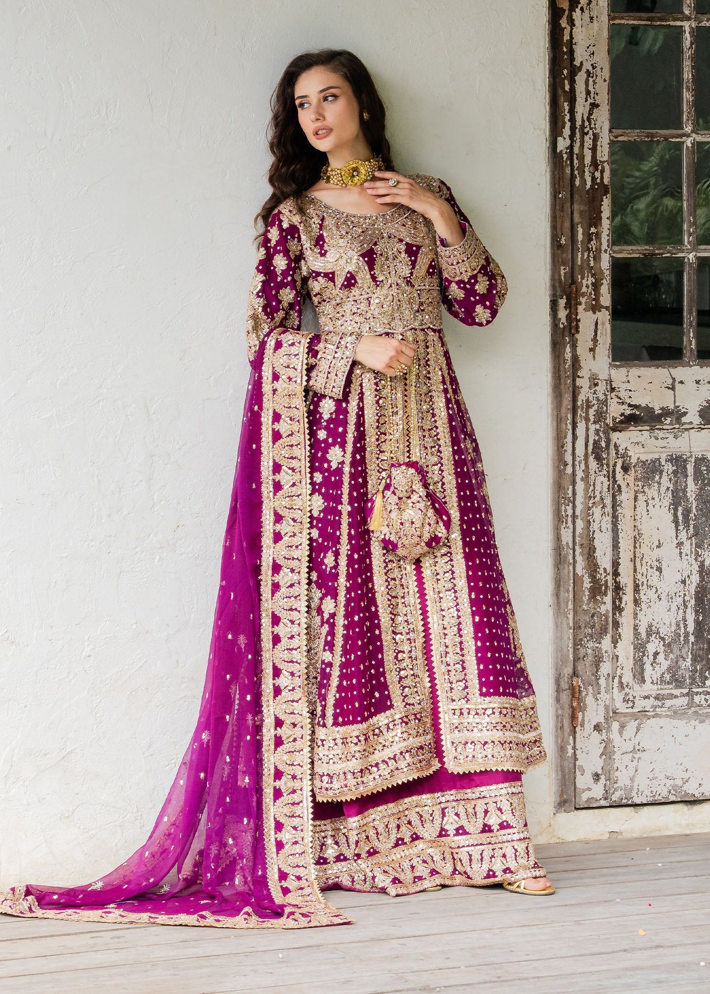 Ladies Plum Embroidered Chiffon Salwar Kameez Online in UK USA Canada