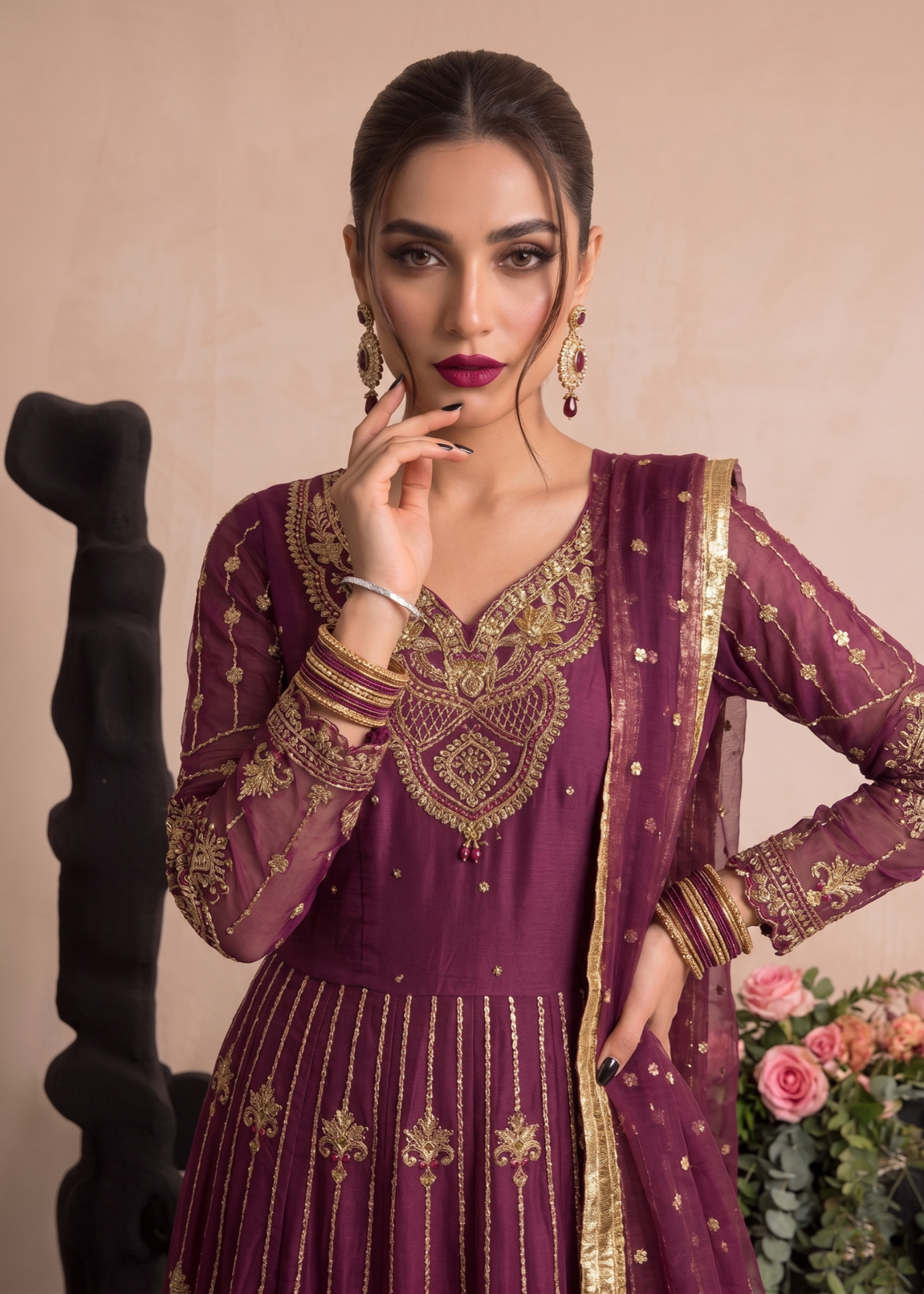 Ladies Plum Organza Partywear Suit Online in UK USA Canada