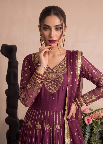 Ladies Plum Organza Partywear Suit Online in UK USA Canada