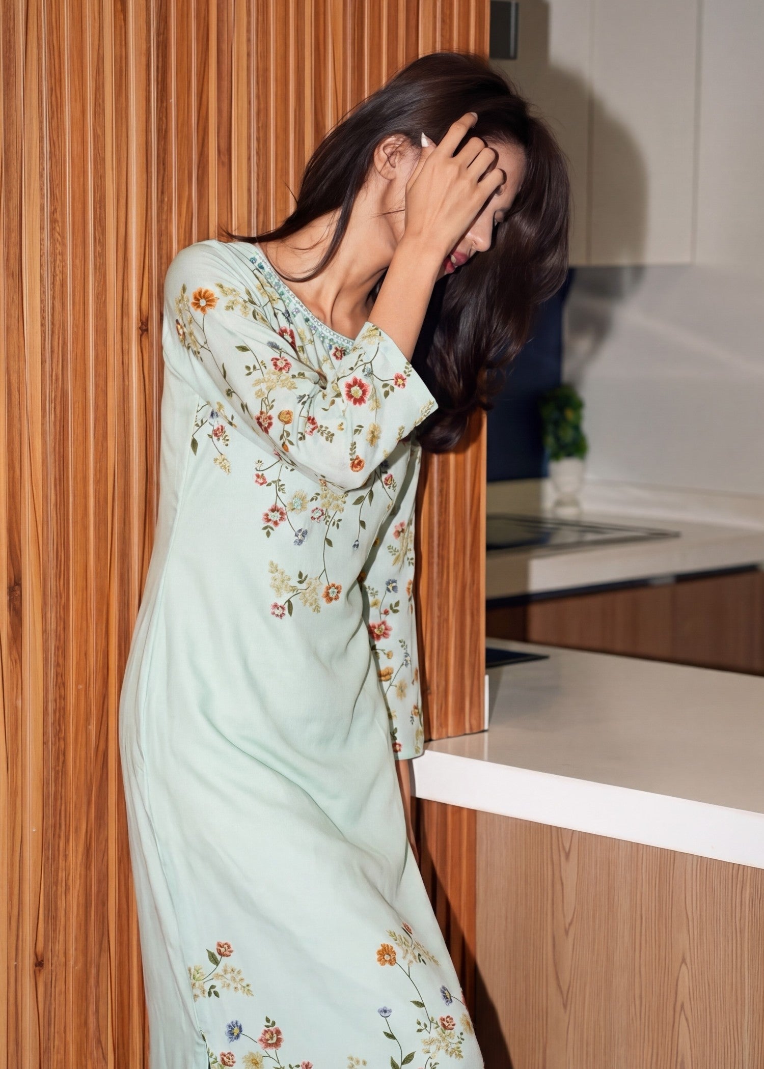Ladies Poly Silk Embellished Kaftan Online in KSA Riyadh Saudi Arabia Oman Bahrain Qatar