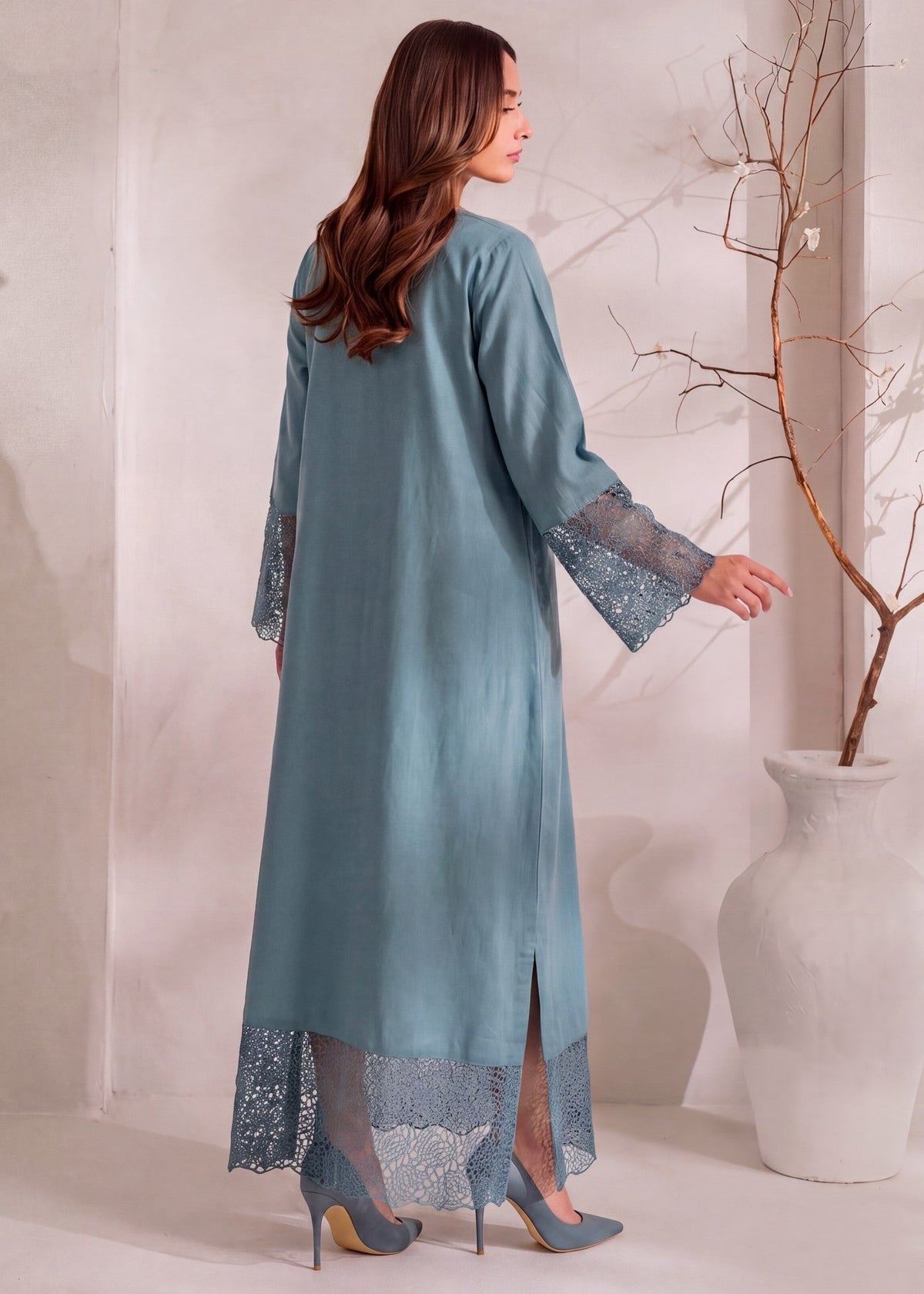 Ladies Powder Blue Dhanak Patchwork Kaftan Online in KSA Riyadh Saudi Arabia Oman Bahrain Qatar