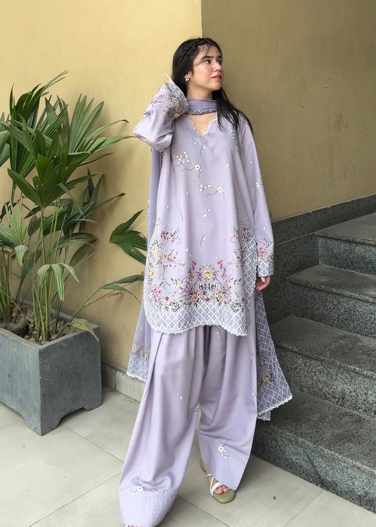Ladies Printed Lilac Raw Silk Salwar Kameez Online in UK USA Canada