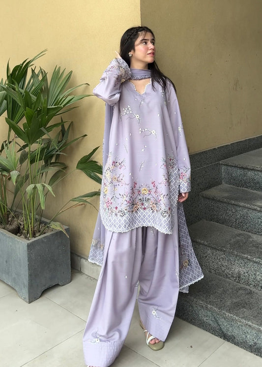 Ladies Printed Lilac Raw Silk Salwar Kameez Online in UK USA Canada