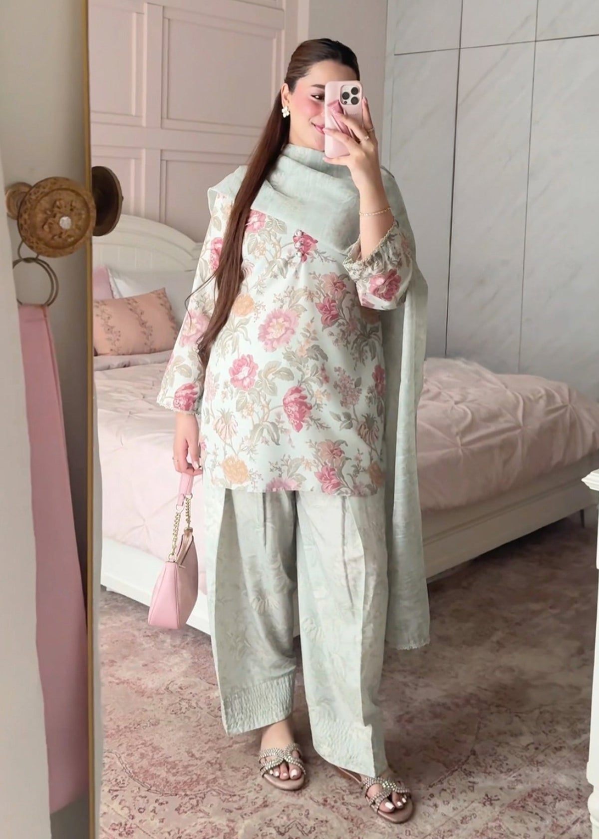 Ladies Printed Mint Green Farshi Shalwar Suit Online in UK USA Canada
