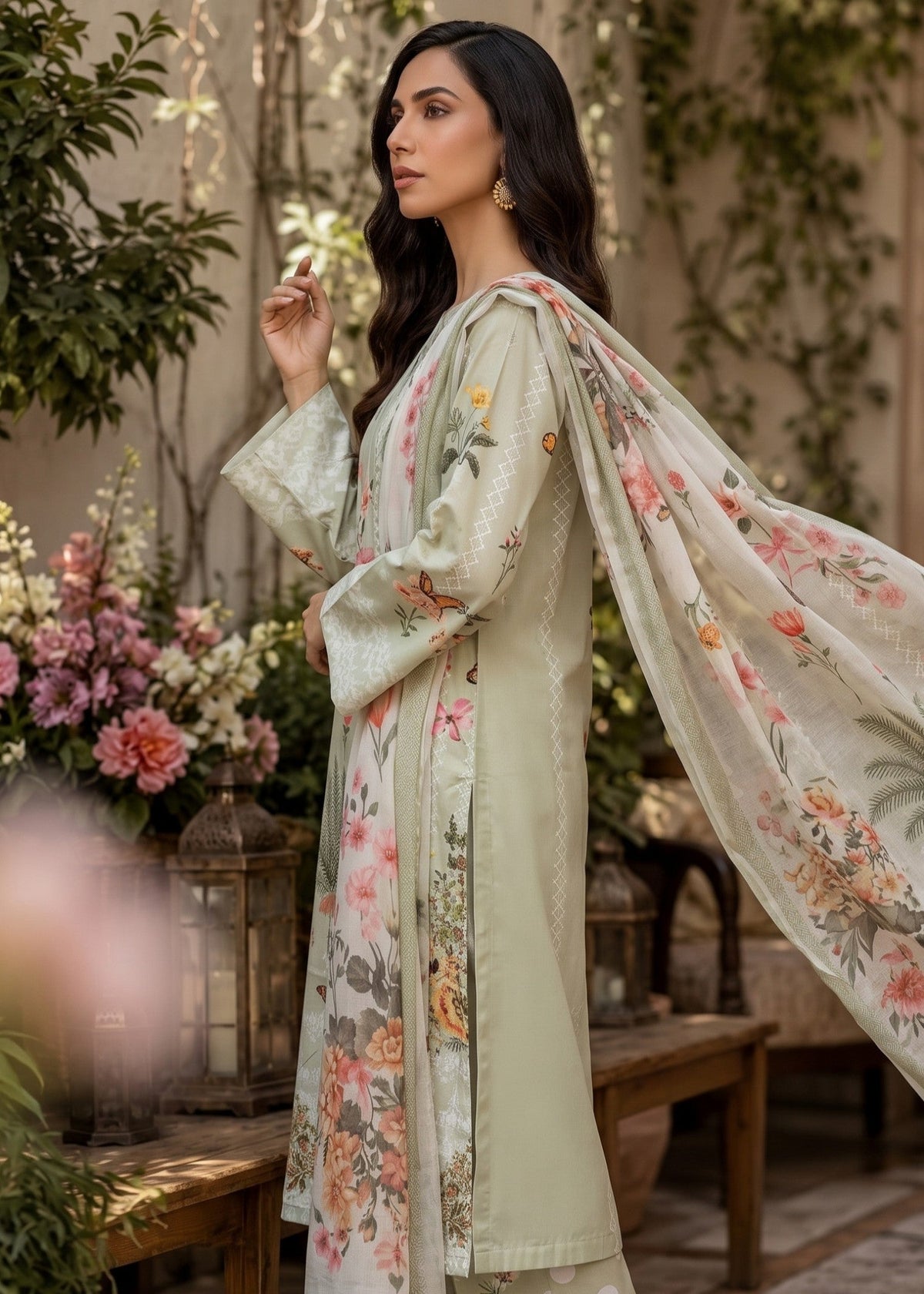 Ladies Printed Pistachio Green Shalwar Kameez Online in UK USA Canada