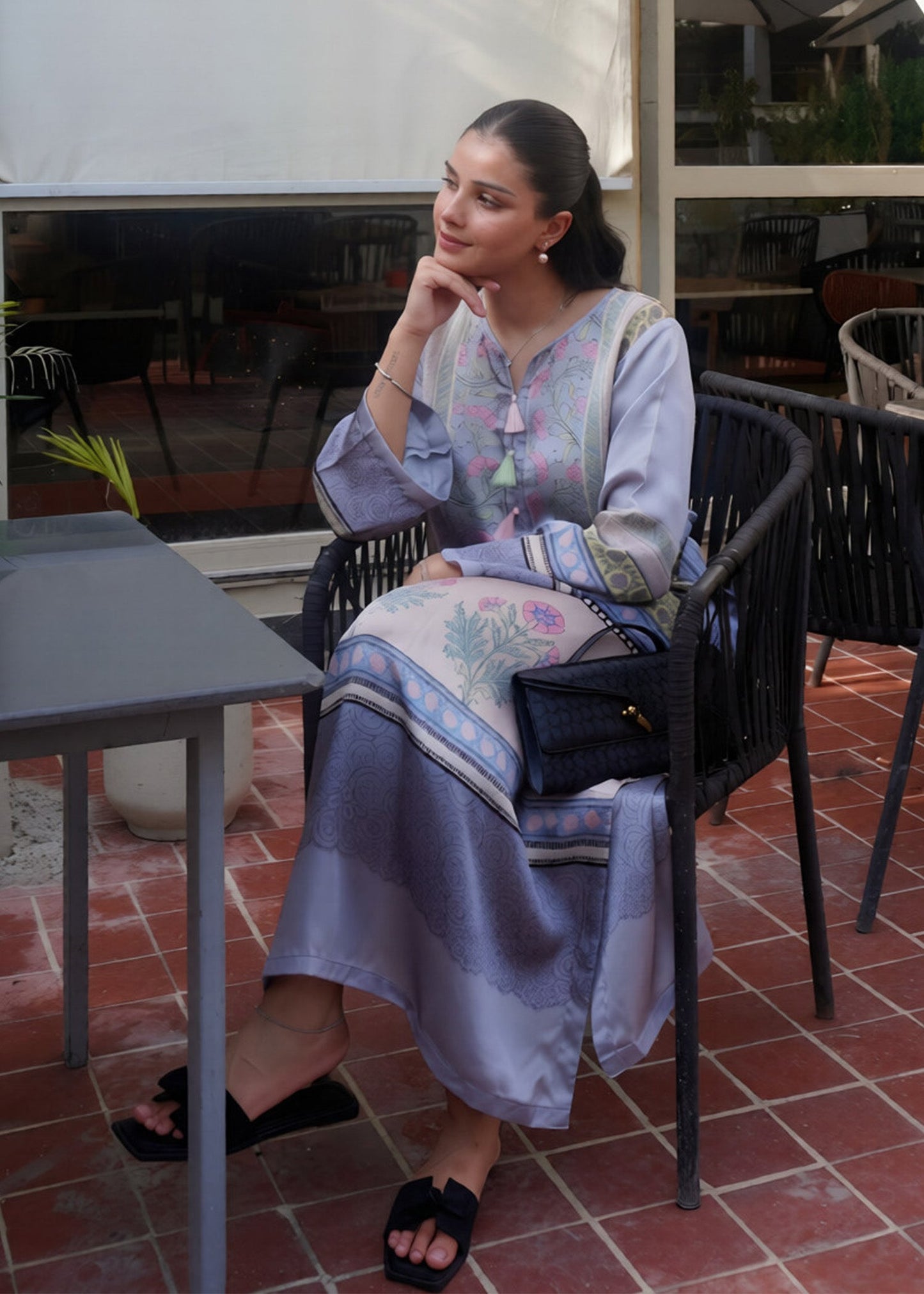 Ladies Printed Satin Silk A-Line Kaftan Online in KSA Riyadh Saudi Arabia Oman Bahrain Qatar