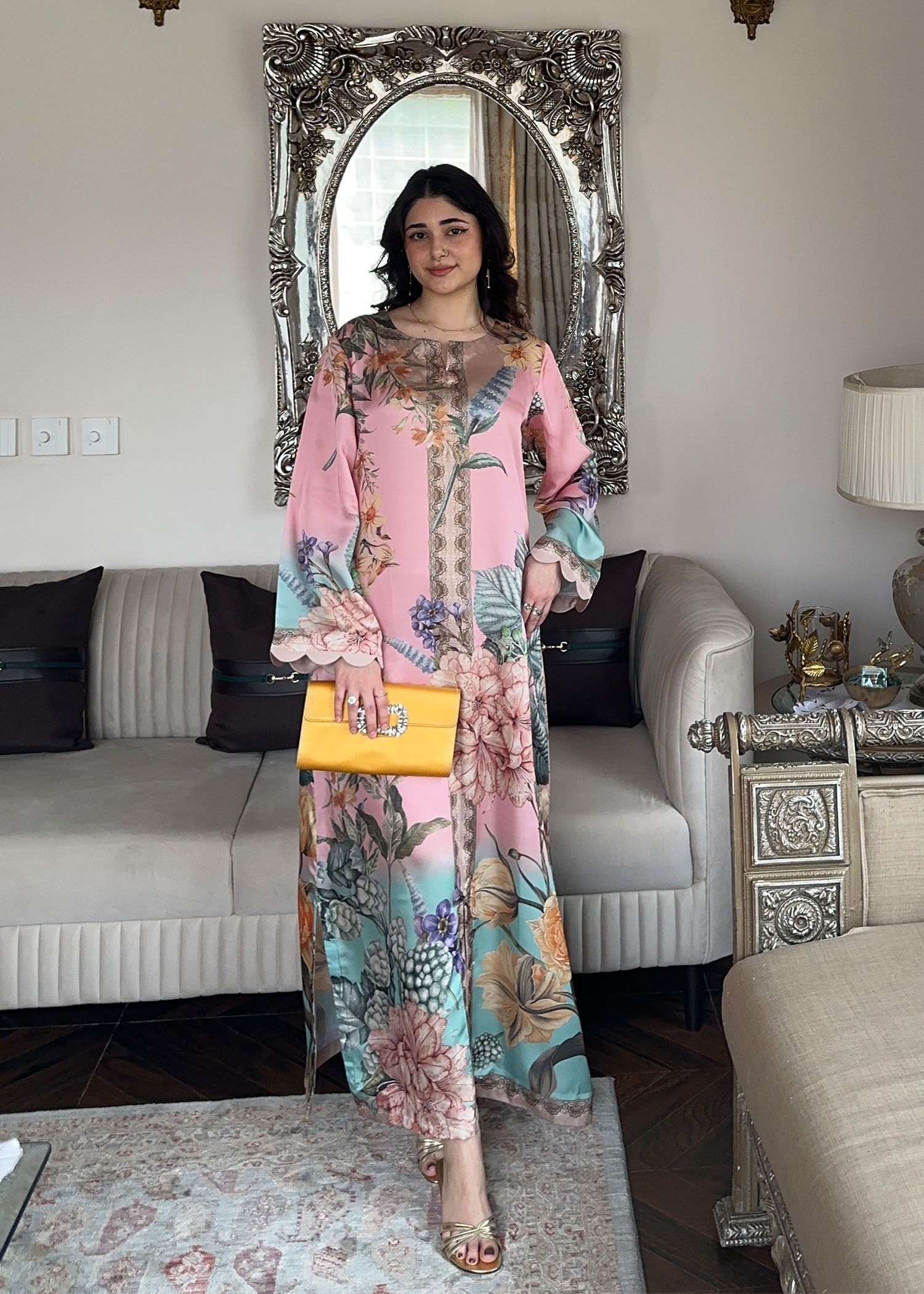 Ladies Printed Satin Silk Kaftan Multi Color Online in UK USA Canada