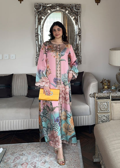 Ladies Printed Satin Silk Kaftan Multi Color Online in UK USA Canada