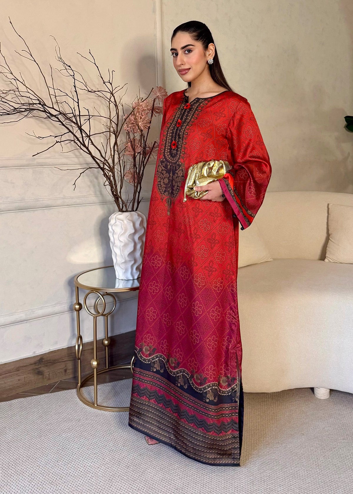 Ladies Printed Satin Silk Kaftan Online in KSA Riyadh Saudi Arabia Oman Bahrain Qatar