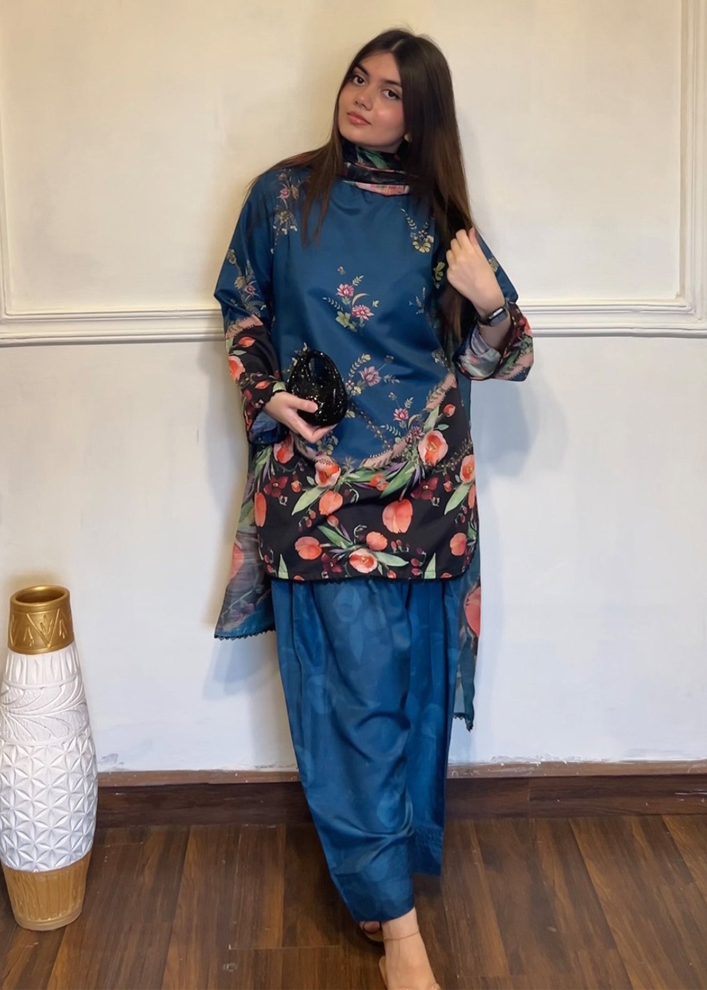 Ladies Printed Steel Teal Farshi Shalwar Suit Online in UK USA Canada