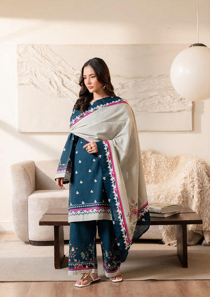 Ladies Prussian Blue Printed Khaddar Straight Kurta Trouser Online in UK USA Canada