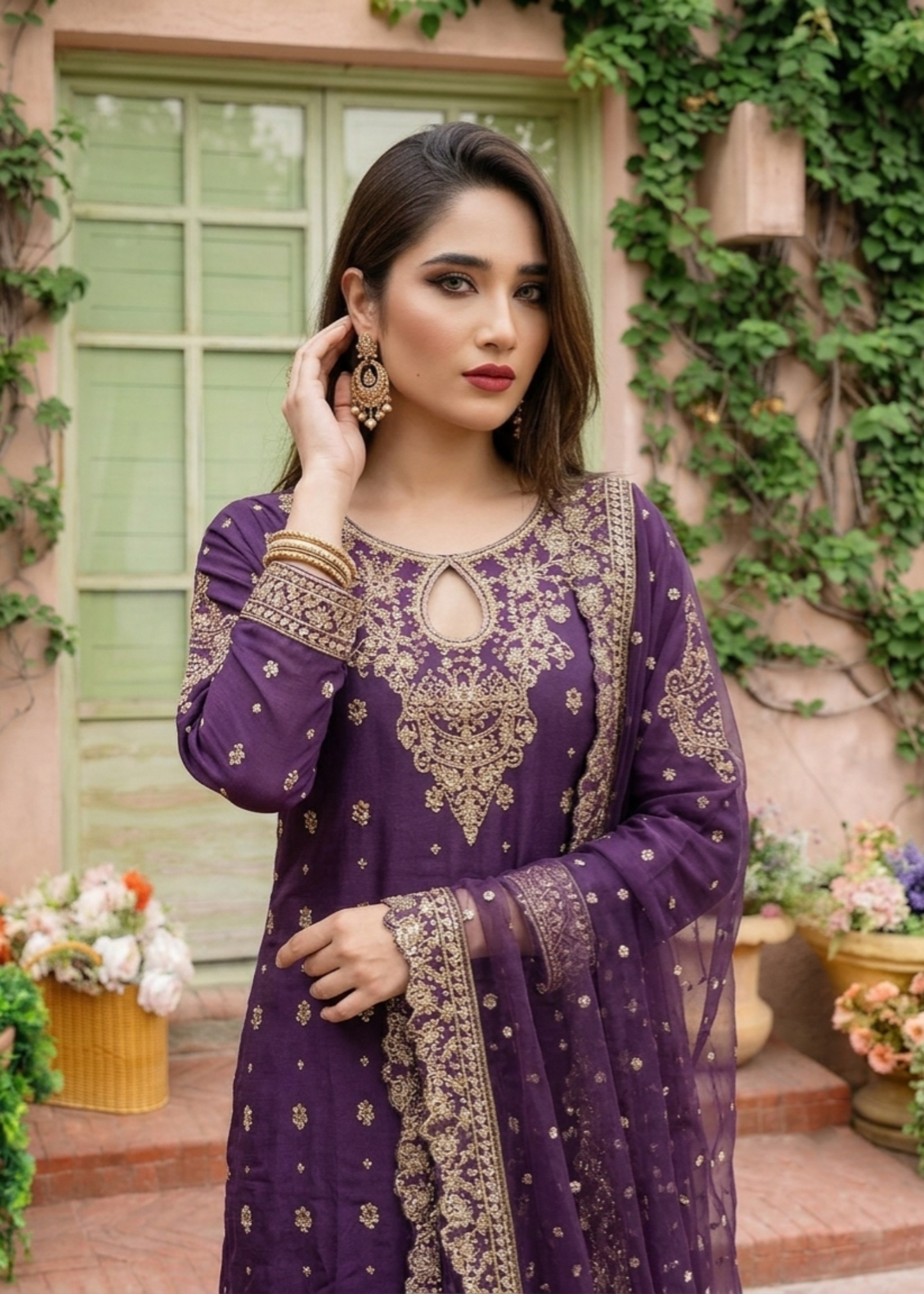 Ladies Purple Chiffon Embroidered Party Wear Online in UK USA Canada