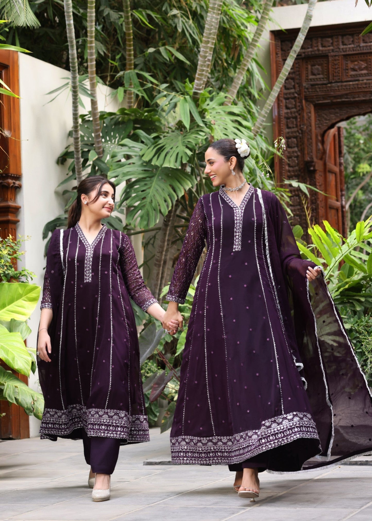 Ladies Purple Chiffon Flared Pishwas Suit Online in UK USA Canada