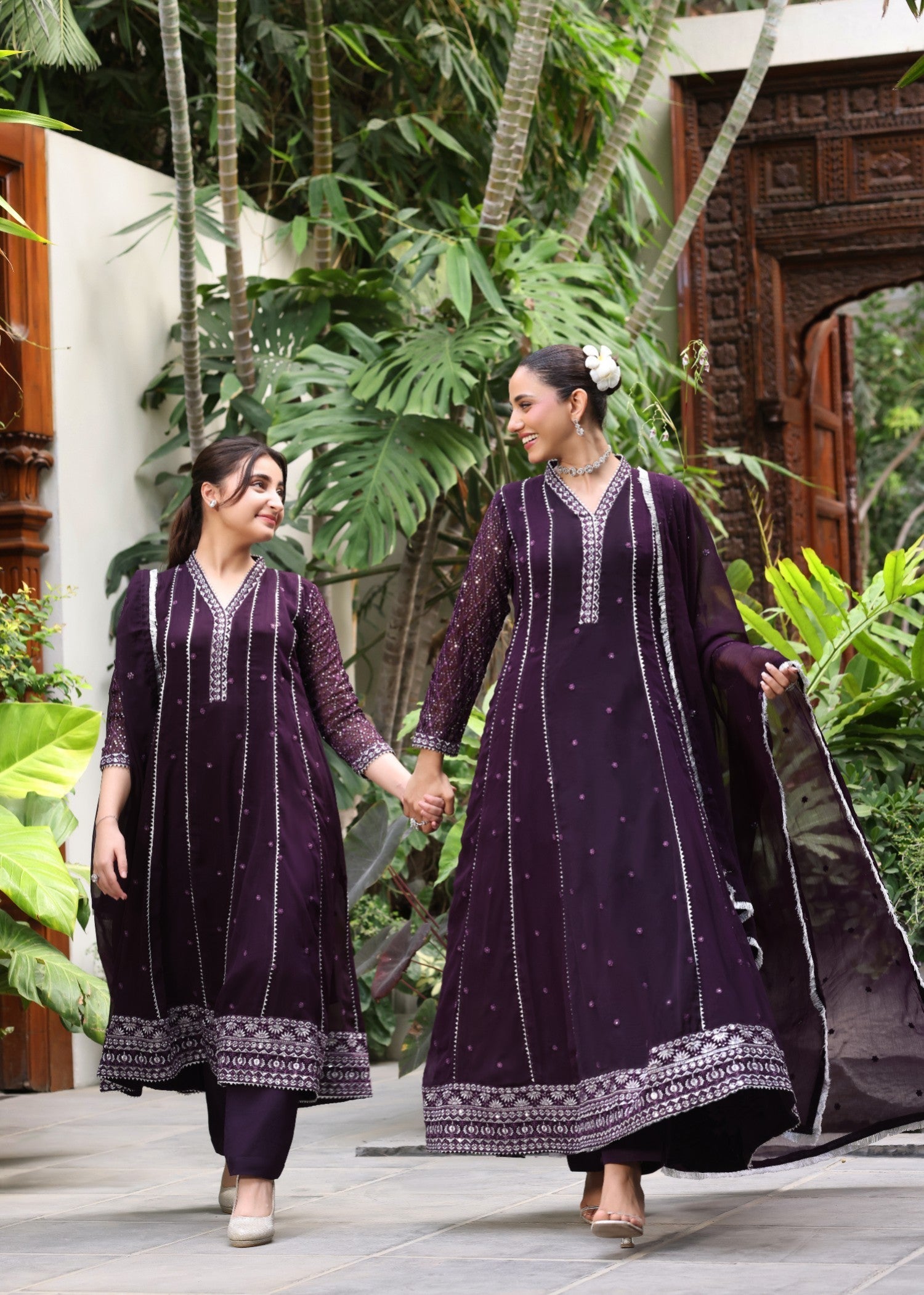 Ladies Purple Chiffon Flared Pishwas Suit Online in UK USA Canada