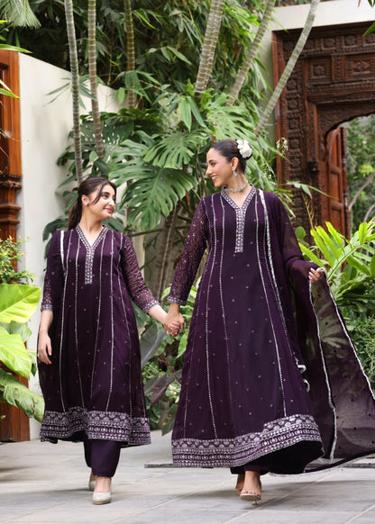 Ladies Purple Chiffon Flared Pishwas Suit Online in UK USA Canada
