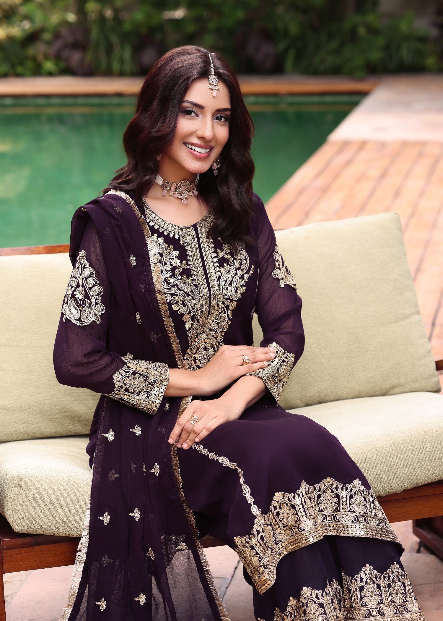 Ladies Purple Embroidered Chiffon Festive Suit Online in Dubai UAE Abudhabi Ajman Sharjah