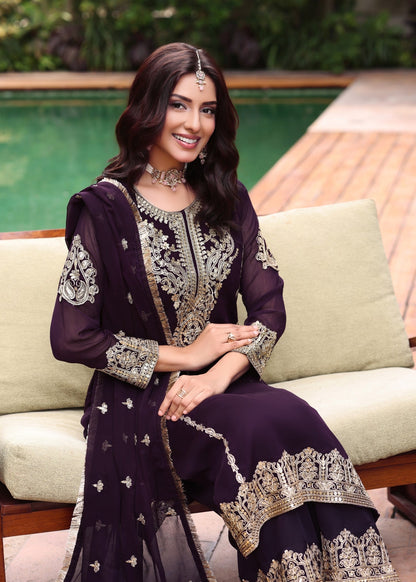 Ladies Purple Embroidered Chiffon Festive Suit Online in Dubai UAE Abudhabi Ajman Sharjah
