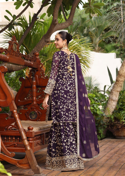Ladies Purple Embroidered Chiffon Salwar Kameez Online in UK USA Canada