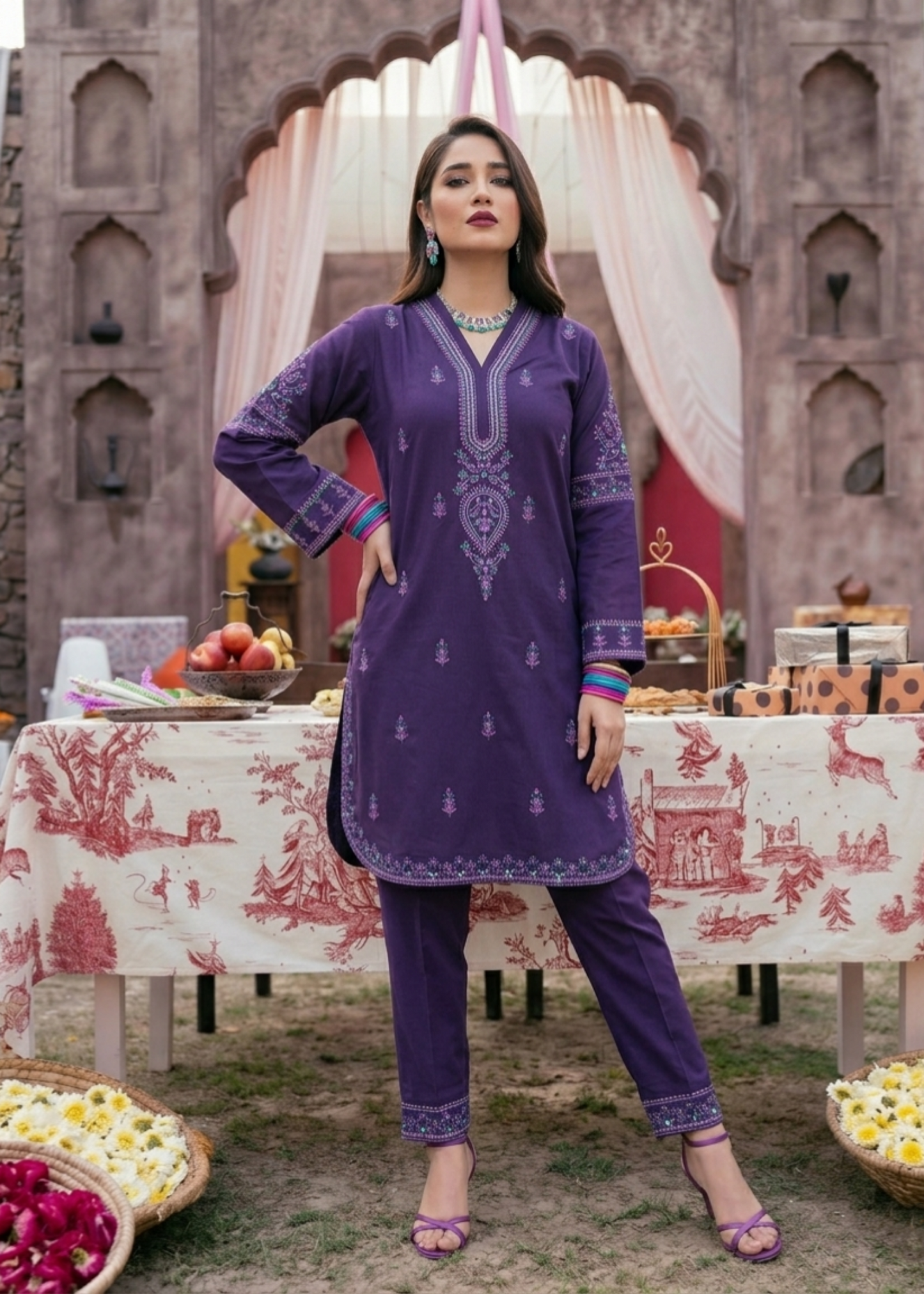 Ladies Purple Embroidered Lawn Shalwar Kameez Online in UK USA Canada