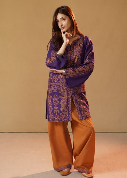 Ladies Purple Embroidered Slub Khaddar Kurta Set Online in UK USA Canada