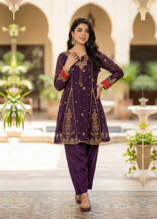 Ladies Purple Khaddi Net Shalwar Kameez Online in KSA Riyadh Saudi Arabia Oman Bahrain Qatar
