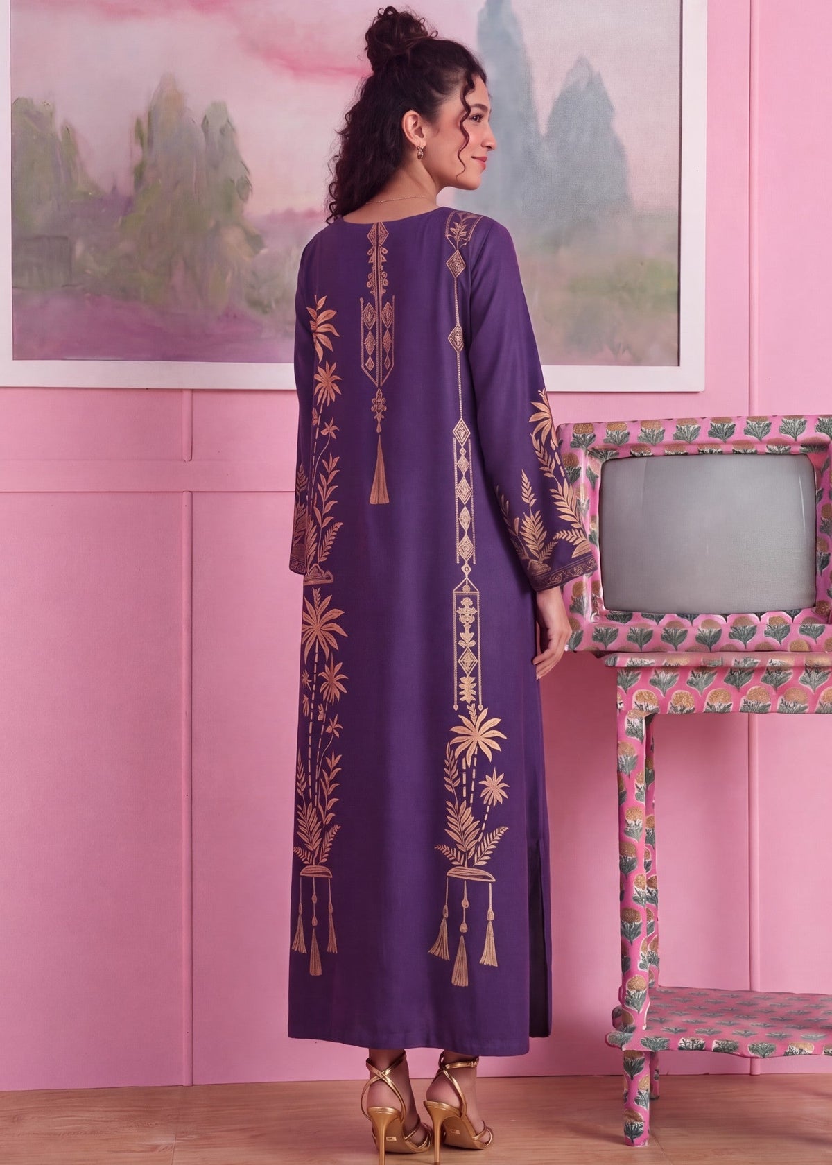 Ladies Purple Linen Kaftan Pakistani Clothes Online in KSA Riyadh Saudi Arabia Oman Bahrain Qatar