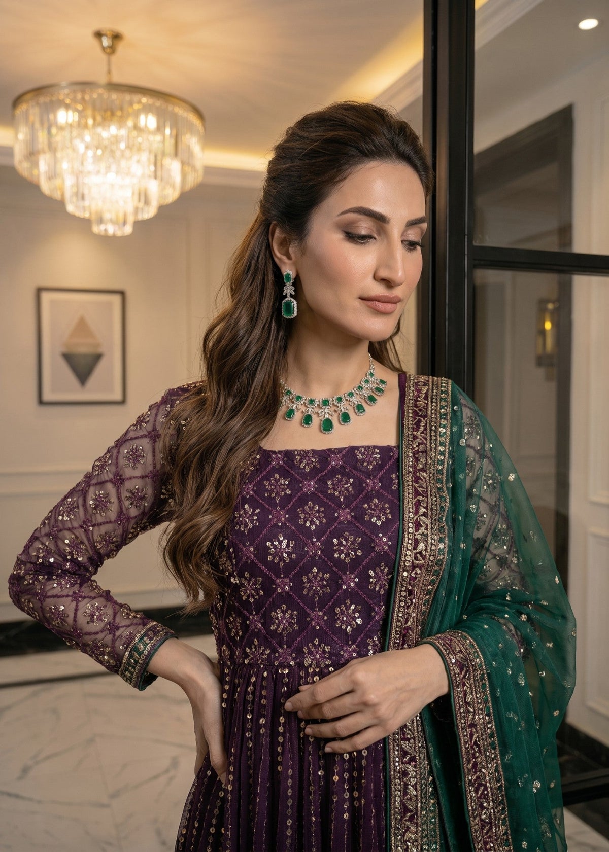 Ladies Purple Net Pishwas Embroidered Online in KSA Riyadh Saudi Arabia Oman Bahrain Qatar