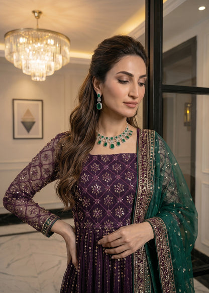 Ladies Purple Net Pishwas Embroidered Online in KSA Riyadh Saudi Arabia Oman Bahrain Qatar