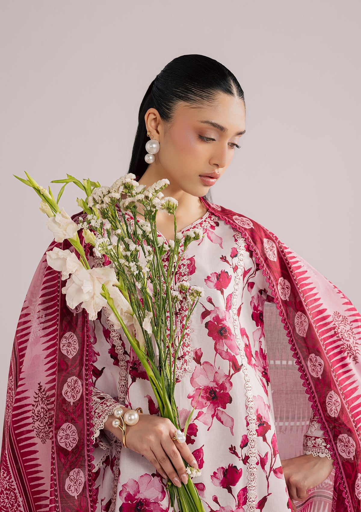 Ladies Raspberry Pink Lawn Kurta with Trouser Online in UK USA Canada