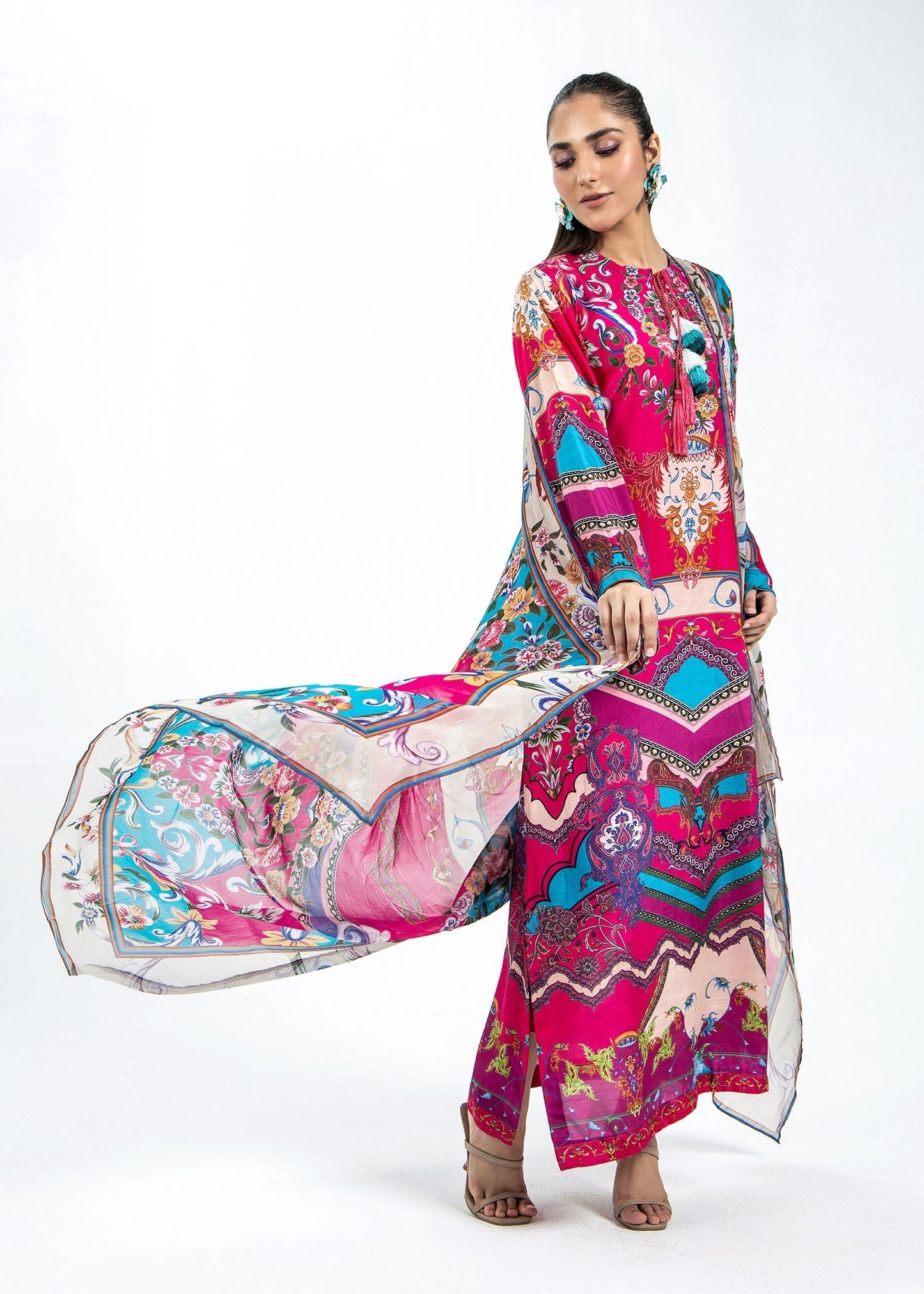 Ladies Raw Silk Kaftan with Digital Print Dupatta Online in UK USA Canada
