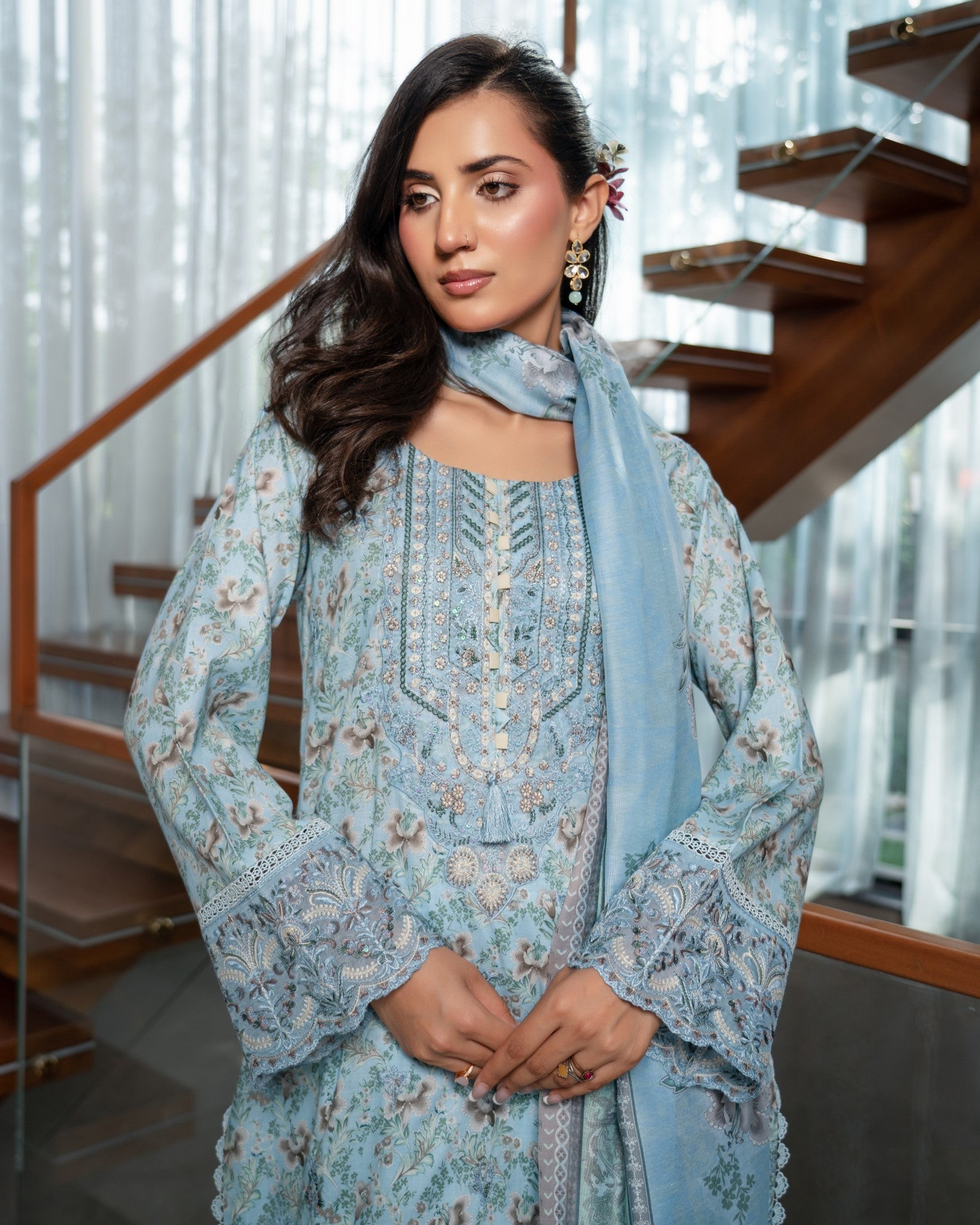 Ladies Readymade Sky Blue Printed Shalwar Kameez Online in UK USA Canada
