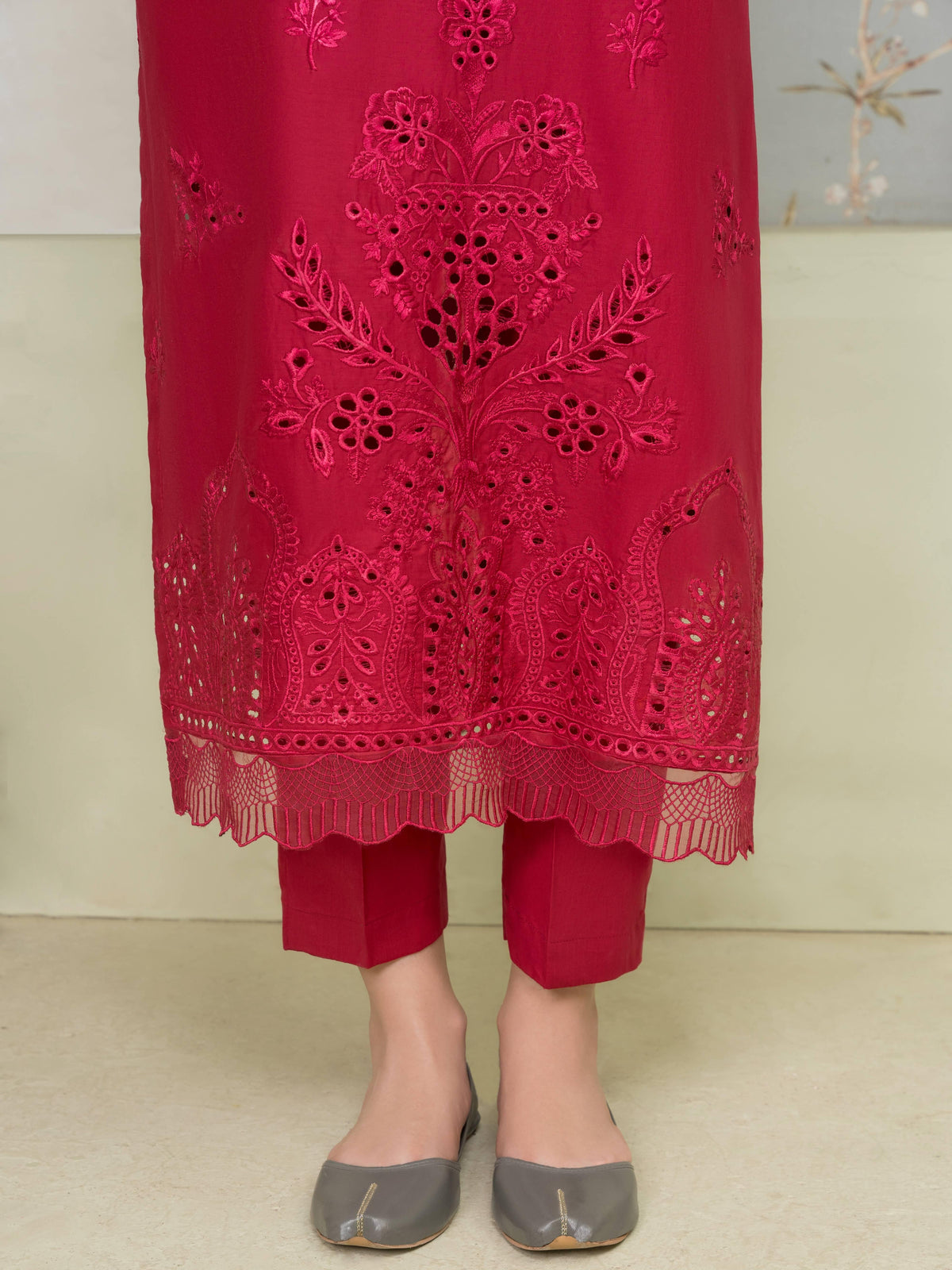 Ladies Red Cotton Chikankari Shalwar Kameez Online in UK USA Canada