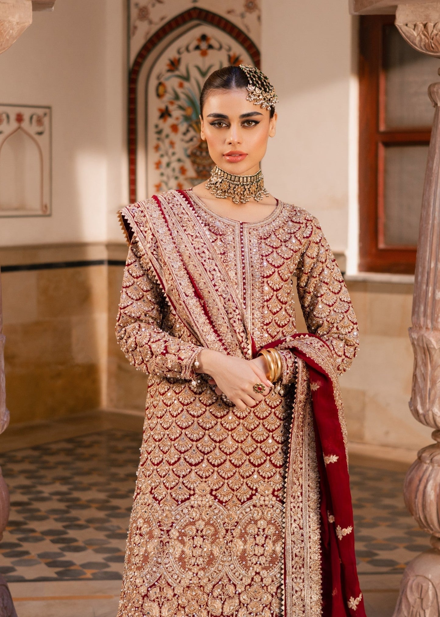 Ladies Red Embellished Chiffon Shalwar Kameez Online in UK USA Canada
