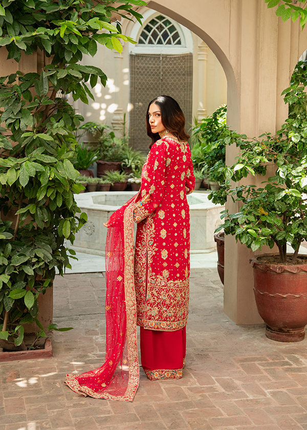 Ladies Red Embellished Chiffon Shalwar Kameez Online in UK USA Canada