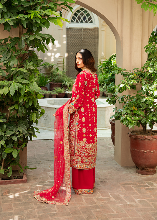 Ladies Red Embellished Chiffon Shalwar Kameez Online in UK USA Canada