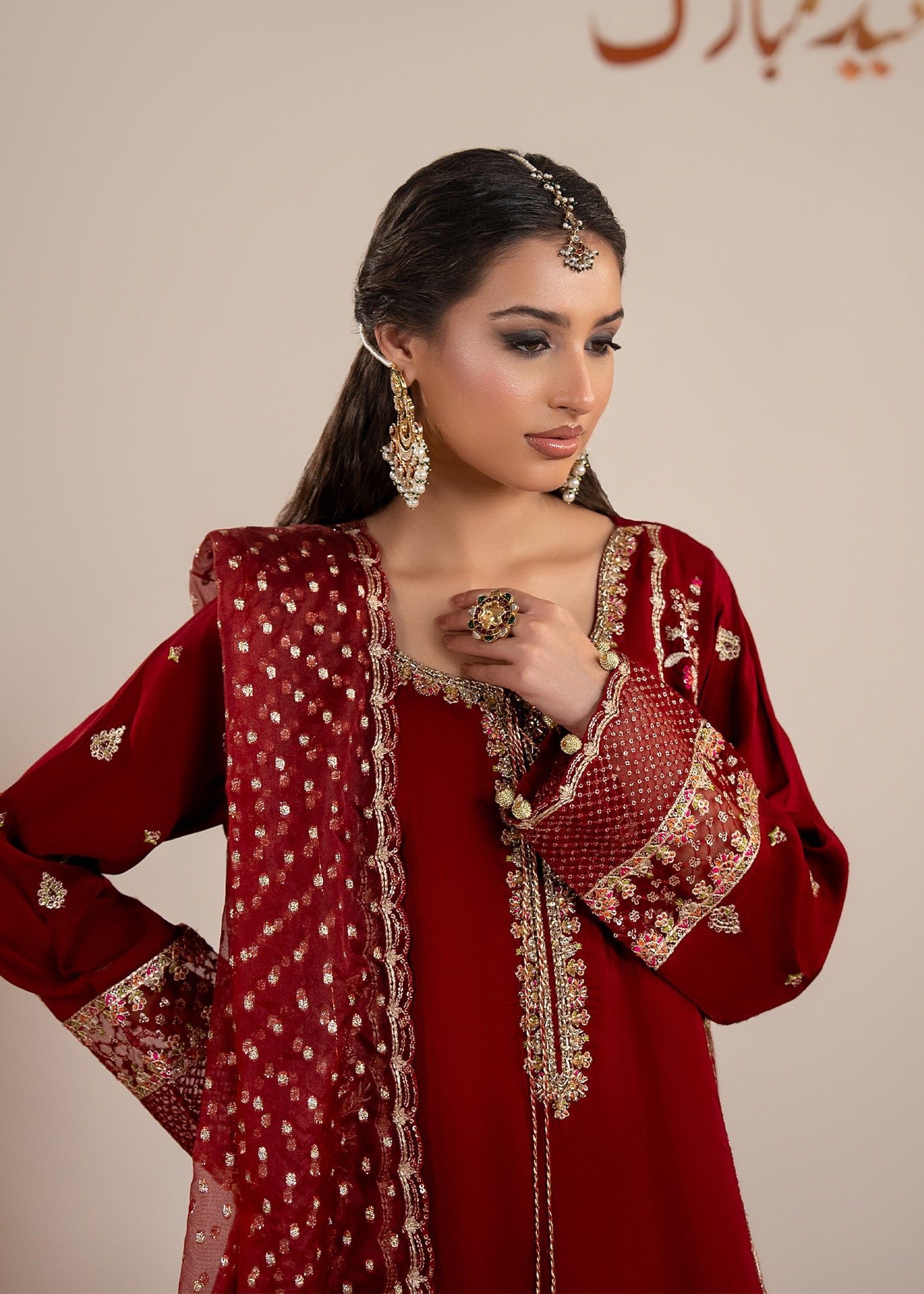 Ladies Red Embellished Organza Dupatta Suit Online in UK USA Canada