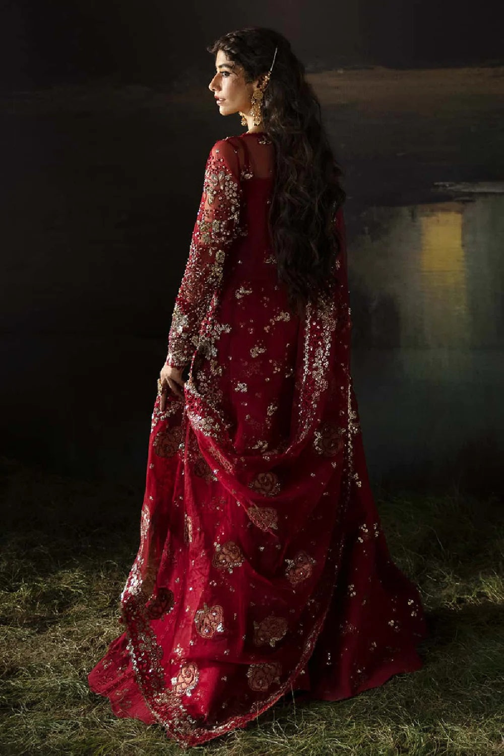 Ladies Red Embellished Organza Sharara Dress Online in UK USA Canada