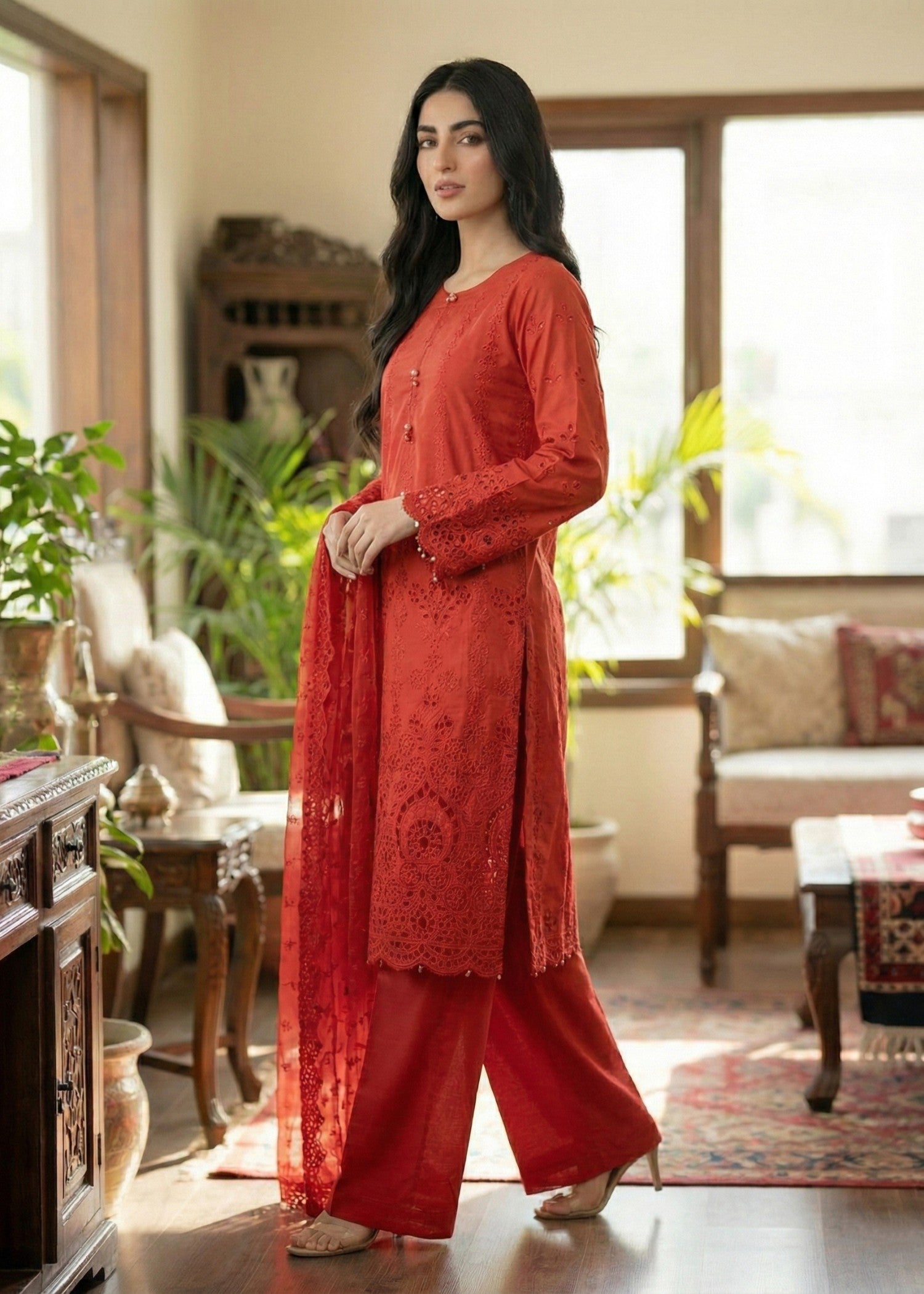 Ladies Red Embroidered Cotton Kurta Pajama Online in UK USA Canada