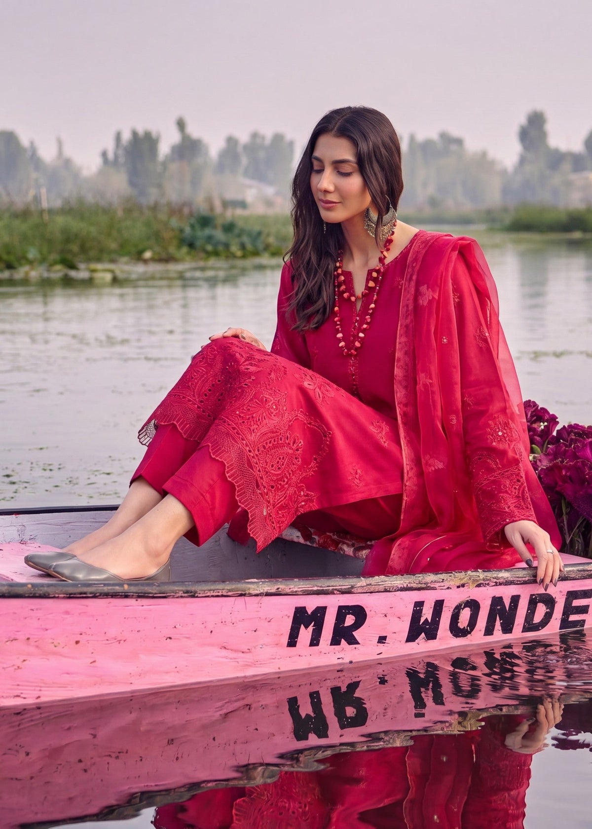 Ladies Red Embroidered Cotton Shalwar Kameez Online in UK USA Canada