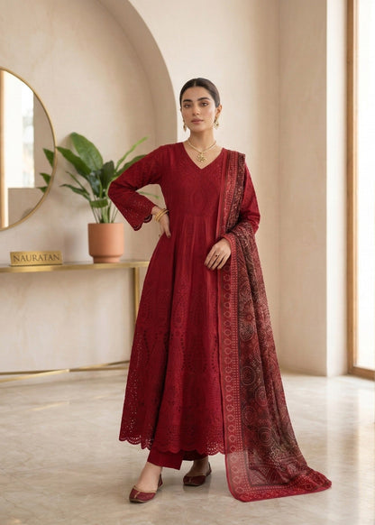 Ladies Red Embroidered Cotton Shalwar Kameez Online in UK USA Canada