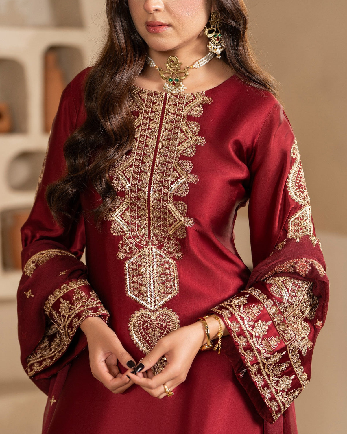 Ladies Red Embroidered Crinkle Chiffon Dupatta Salwar Kameez Online in KSA Riyadh Saudi Arabia Oman Bahrain Qatar