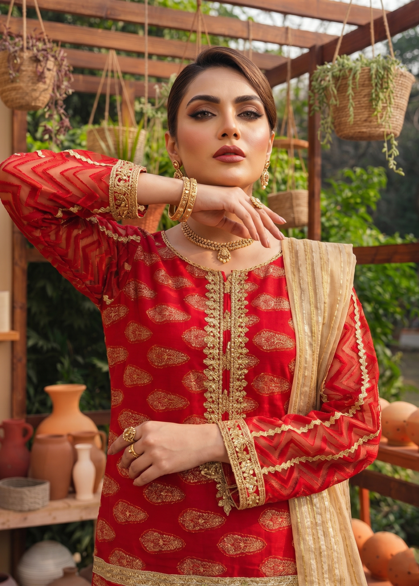 Ladies Red Embroidered Jacquard Suit Online in UK USA Canada