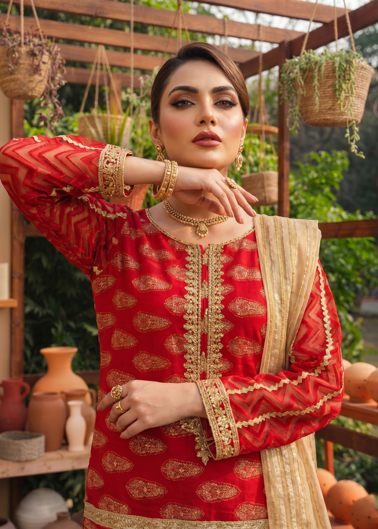 Ladies Red Embroidered Jacquard Suit Online in UK USA Canada