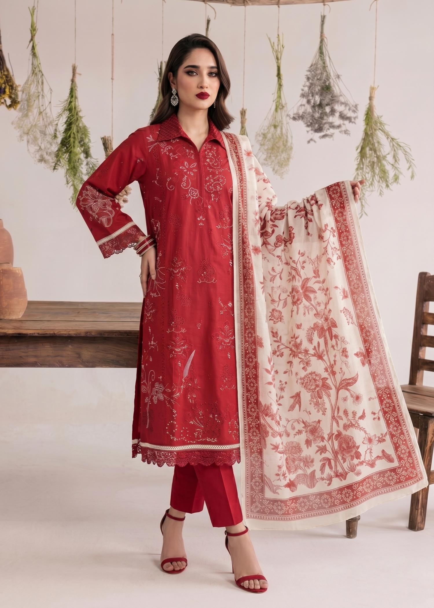 Ladies Red Embroidered Lawn Shalwar Kameez Online in UK USA Canada